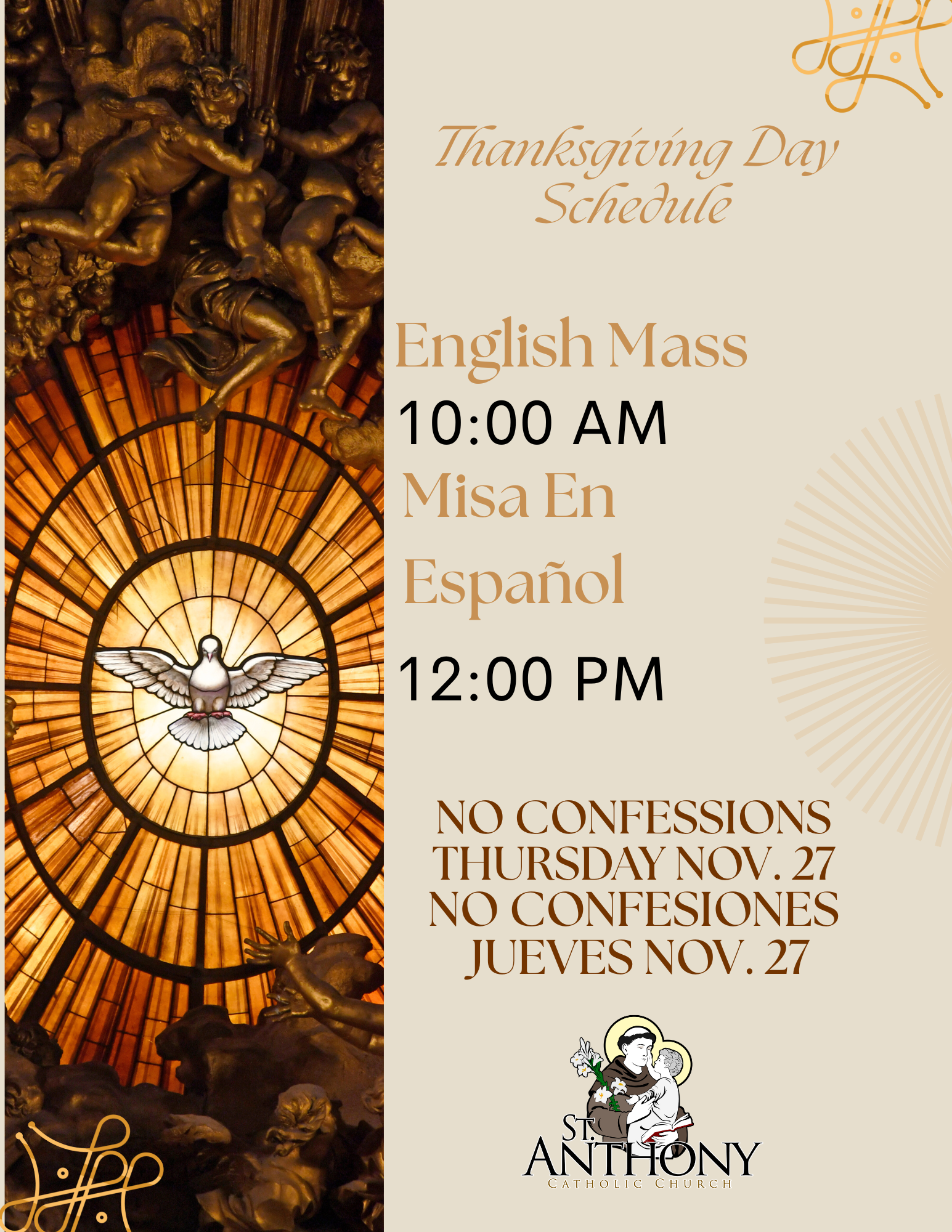 Beige And Orange Modern Elegant Catholic Mass Schedule Church Flyer