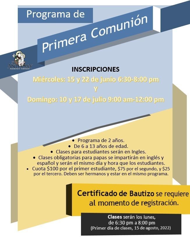Registraciones de Catesismo comienzan pronto!!! Registracion De Primeras Comuniones 2022 2023